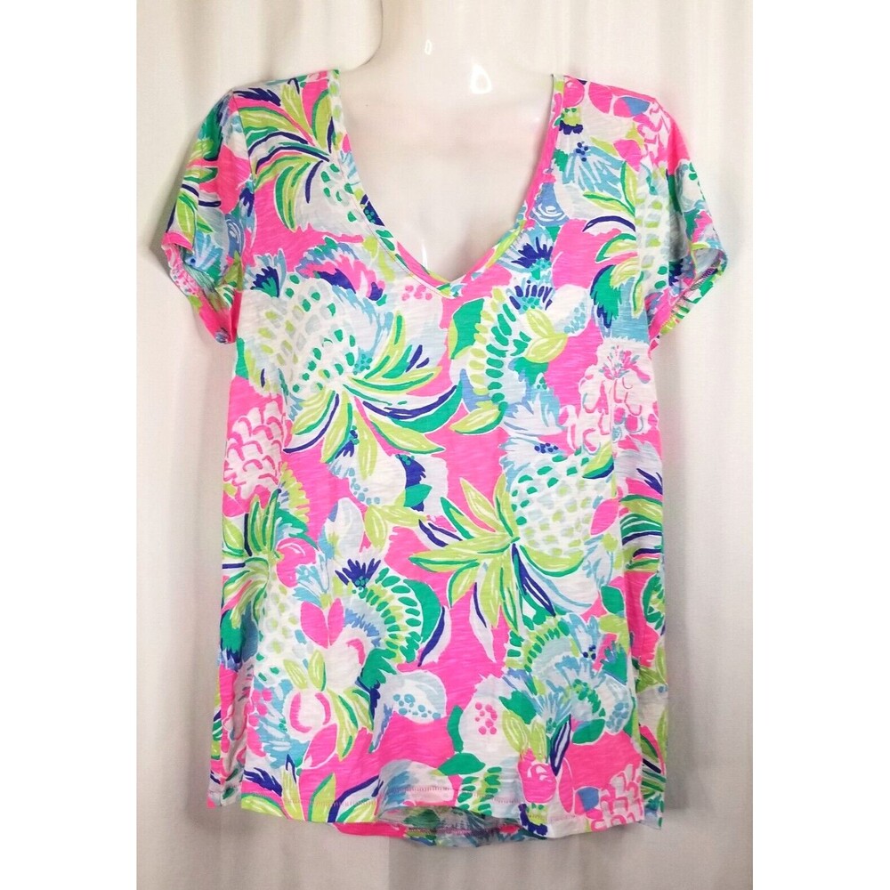 Lilly Pulitzer Women's Top Tropical Pineapple Design Pink V-Neck Size Small